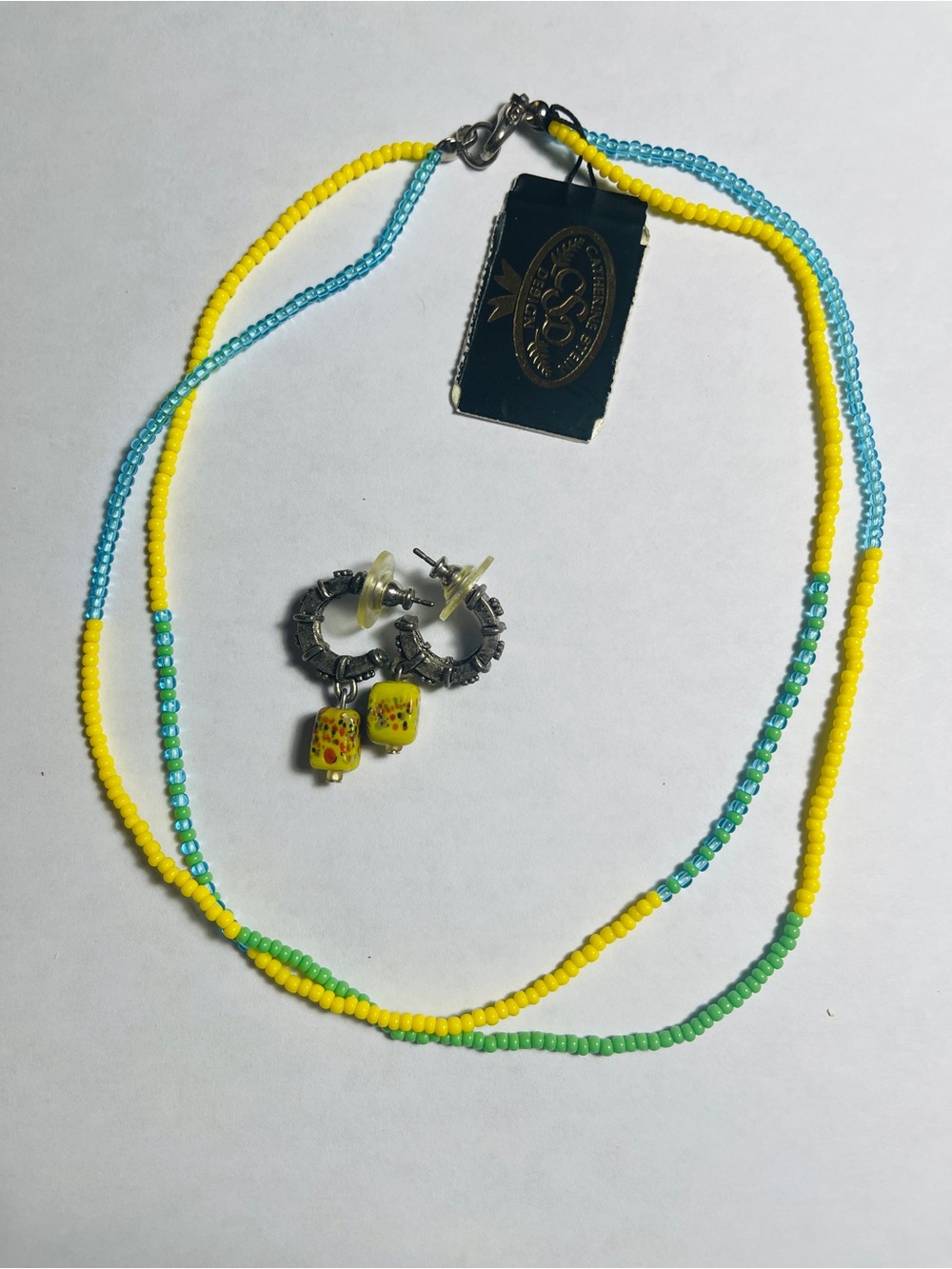 Bright Yellow & Aqua Glass Beaded Necklace with Green Accents